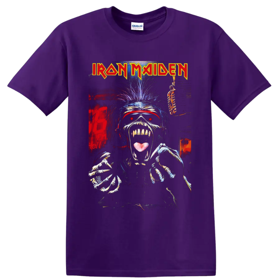 Iron Maiden Eddie the Head skeletal horror-metal graphic with band logo on a Purple T Shirt