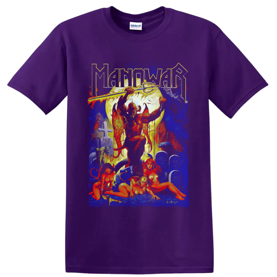 Manowar Hell on Earth IV heavy metal fantasy warrior and cemetery graphic on a Purple T Shirt