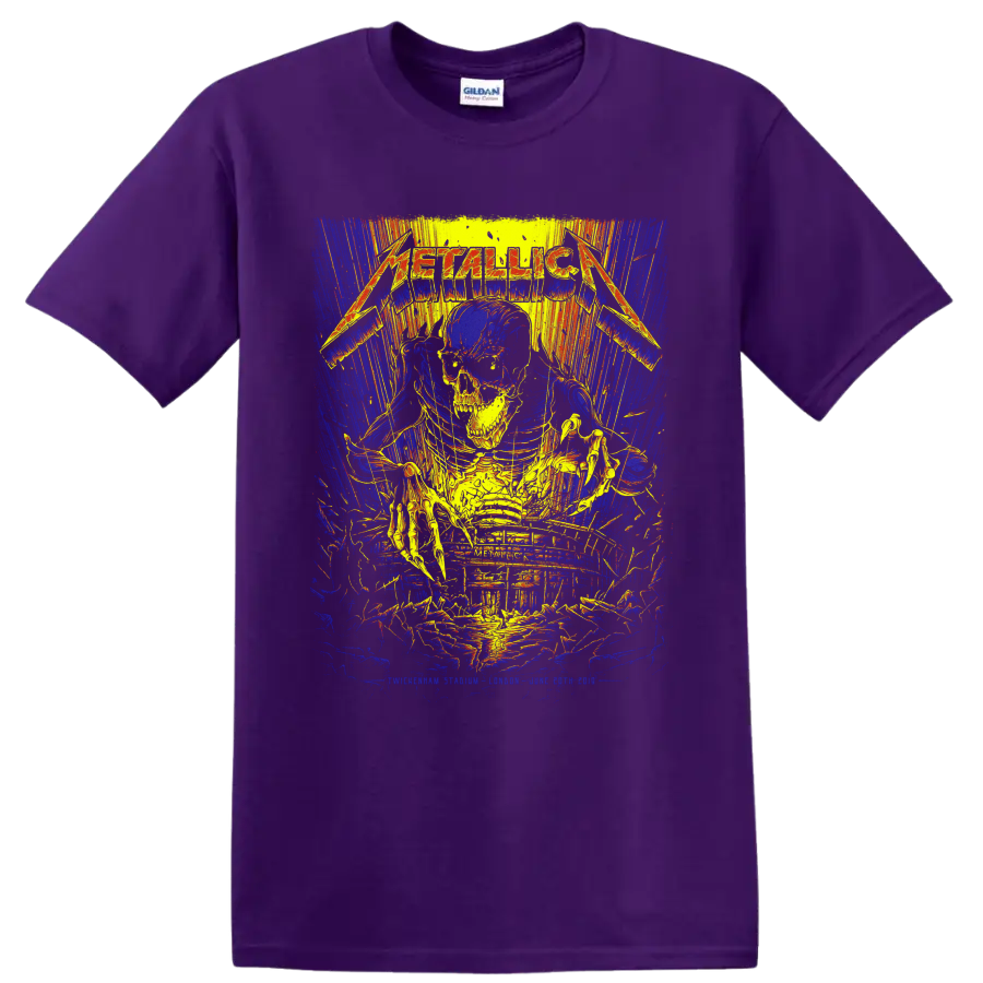 Metallica logo over a skull and skeleton in distressed neon concert-poster artwork on a Purple T Shirt