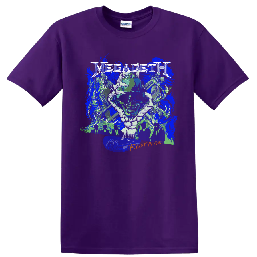 Megadeth Rust in Peace Vic Rattlehead skull heavy metal graphic on a Purple T Shirt