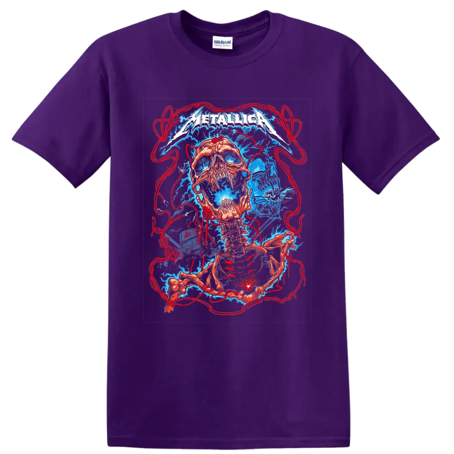 Metallica logo over surreal skull and skeleton concert art with electric blue energy on a Purple T Shirt
