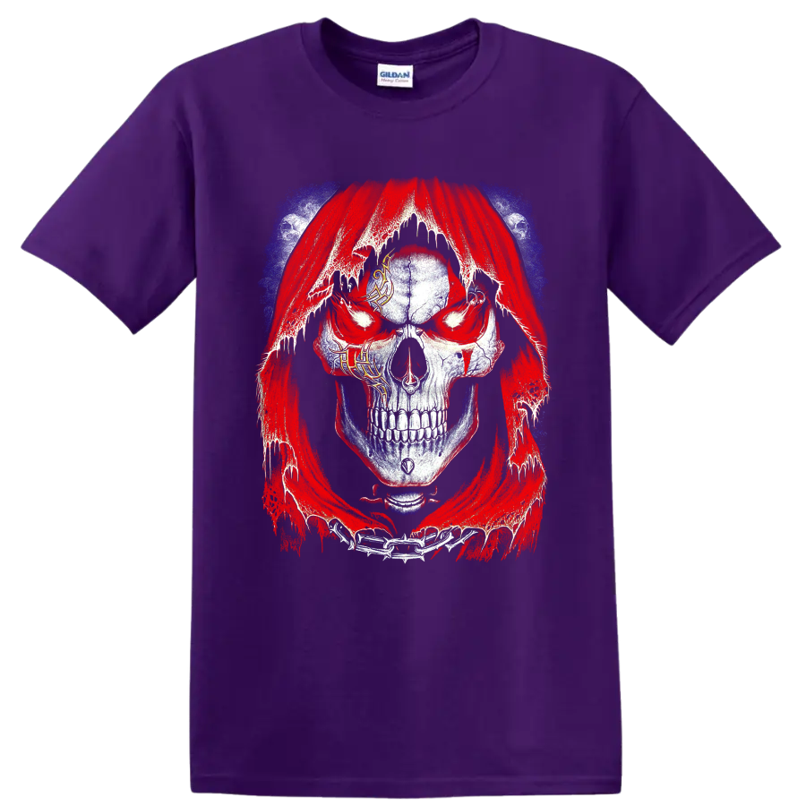 Distressed gothic skull in a tattered red hood with chains and blue accents on a Purple T Shirt