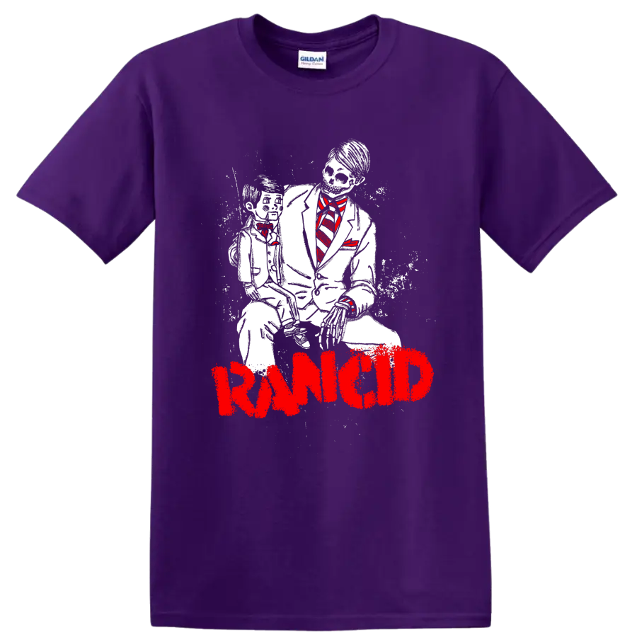 Rancid suited skeleton duo illustration with red tie accents and distressed logo on a Purple T Shirt
