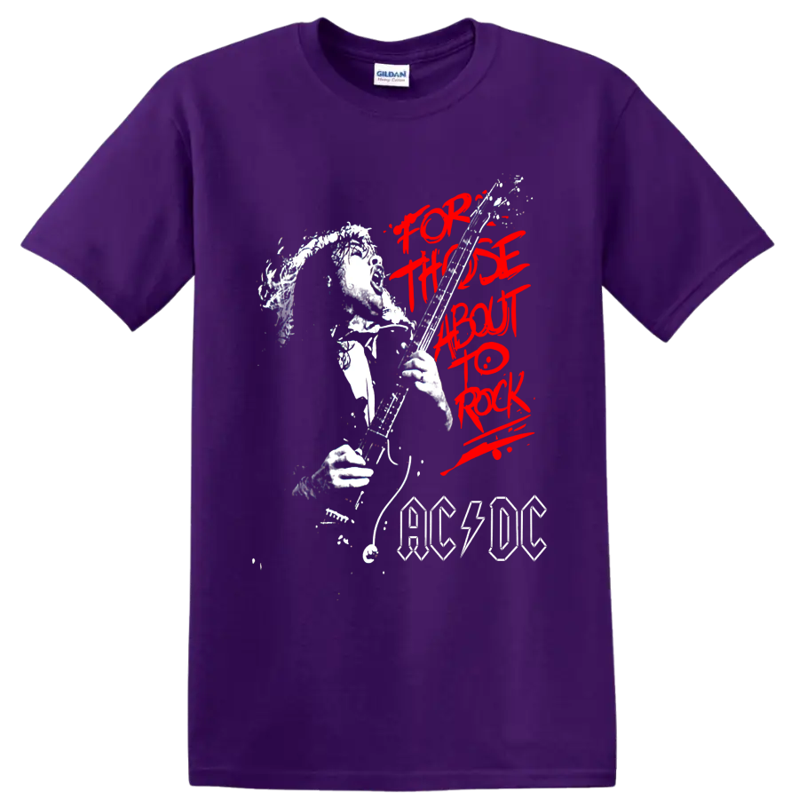 Angus Young guitar illustration with red For Those About to Rock text and AC/DC logo on a Purple T Shirt