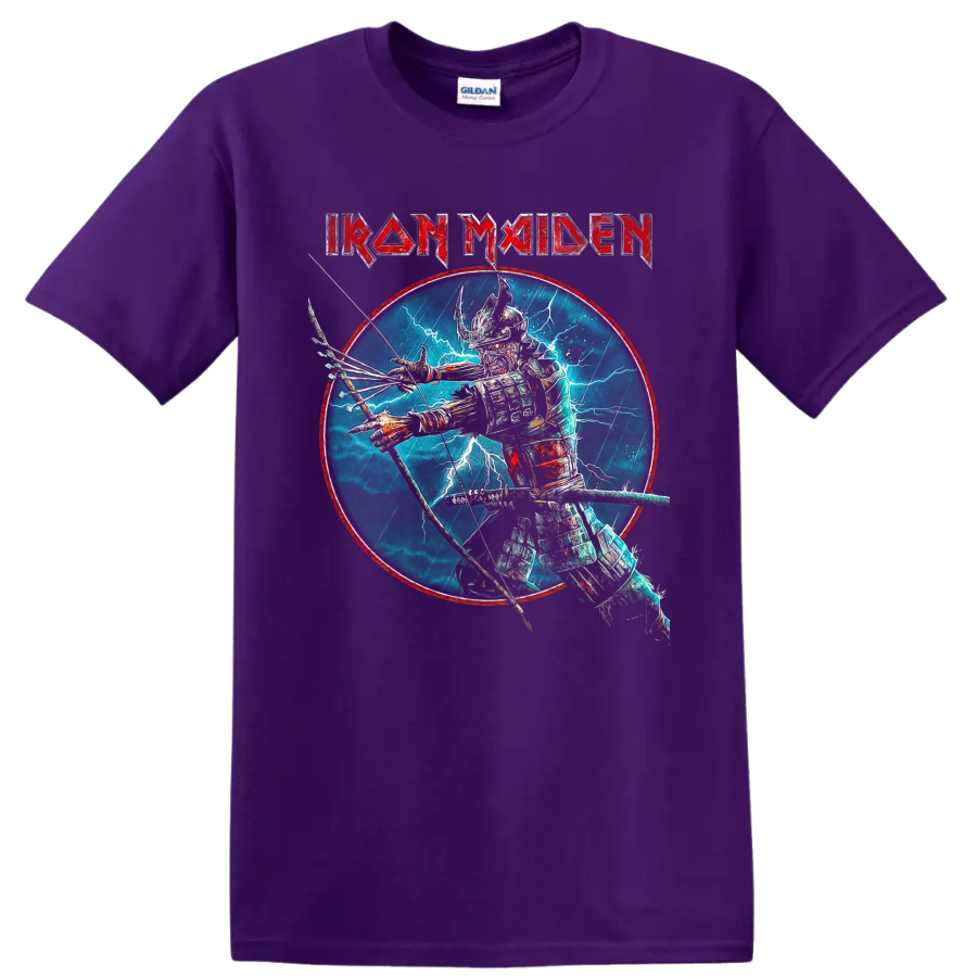 Iron Maiden Eddie the Head samurai archer graphic with lightning and band logo on a Purple T Shirt