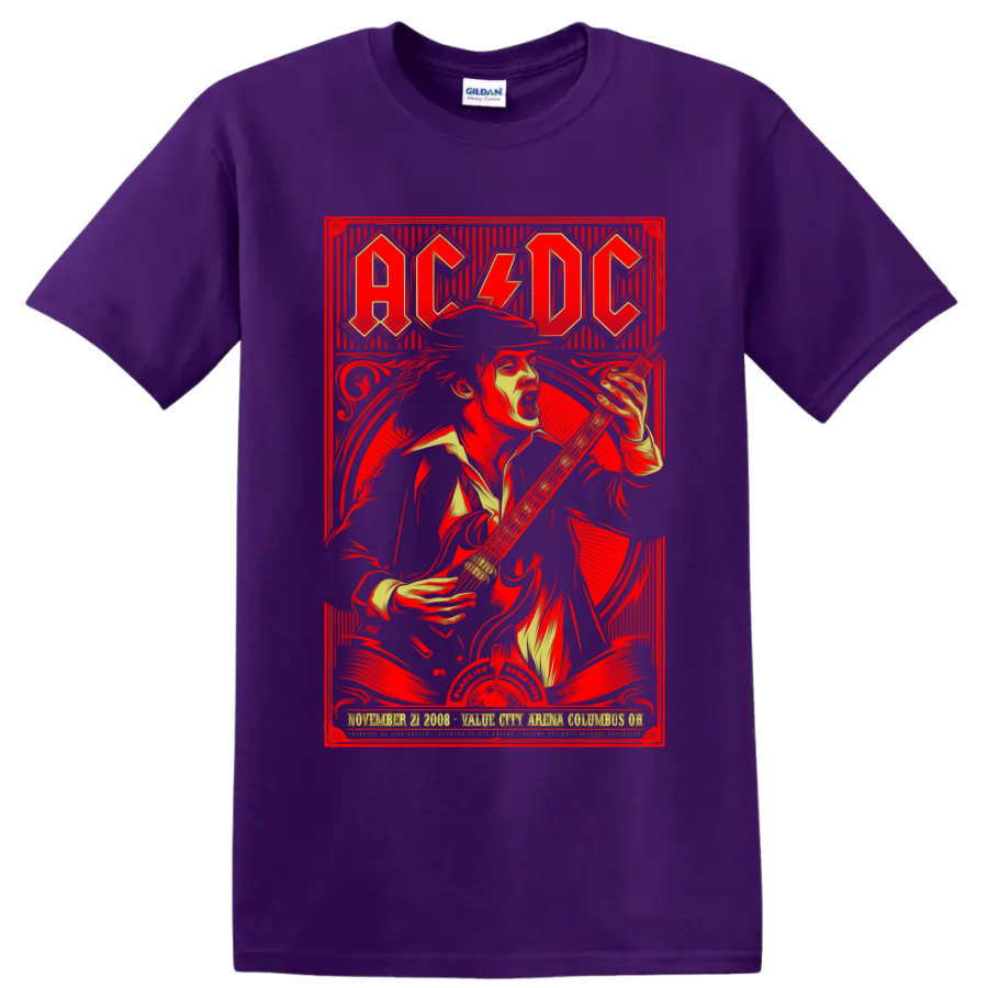 AC/DC Black Ice World Tour poster art with Angus Young playing electric guitar on a Purple T Shirt
