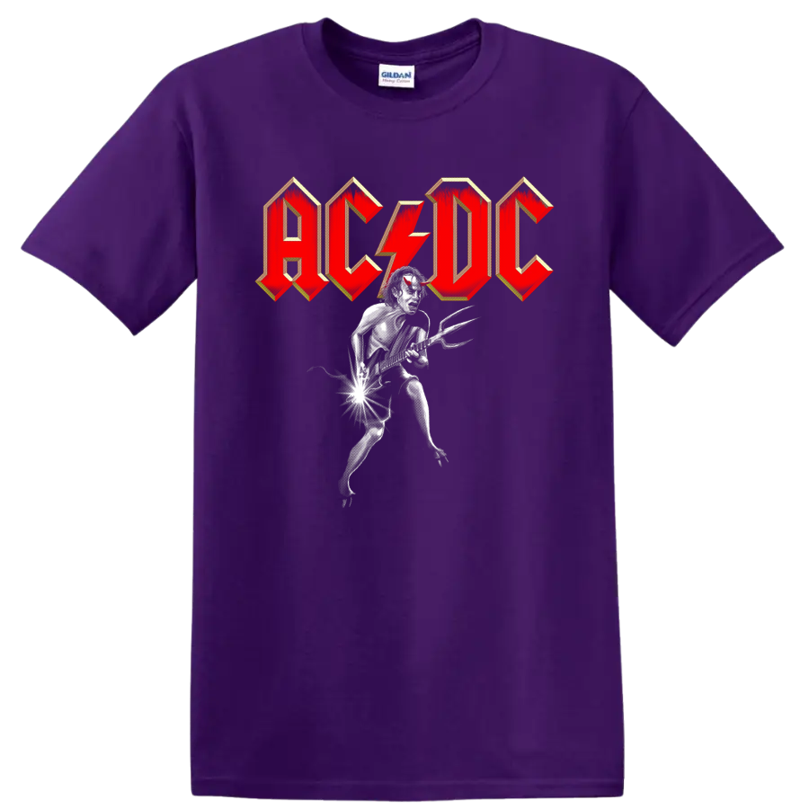 AC/DC logo with a monochrome devil guitarist and electric guitar graphic on a Purple T Shirt