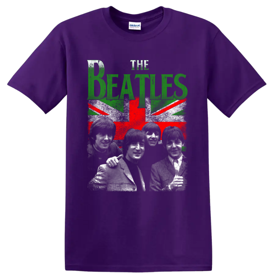 The Beatles portraits with distressed green lettering and Union Jack-inspired graphic on a Purple T Shirt