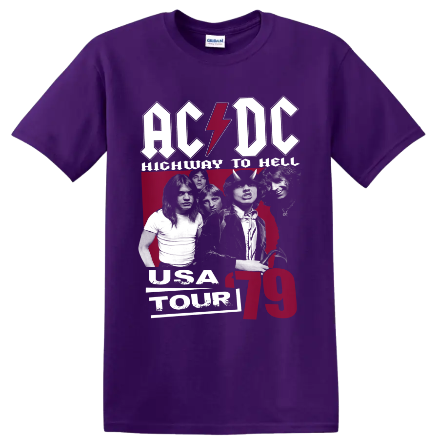 AC/DC Highway to Hell USA Tour 79 band photo collage with lightning-bolt logo on a Purple T Shirt
