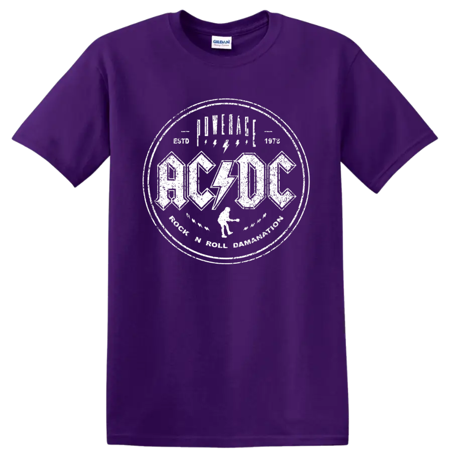 AC/DC Rock 'N' Roll Damnation distressed circular logo with lightning bolts on a Purple T Shirt