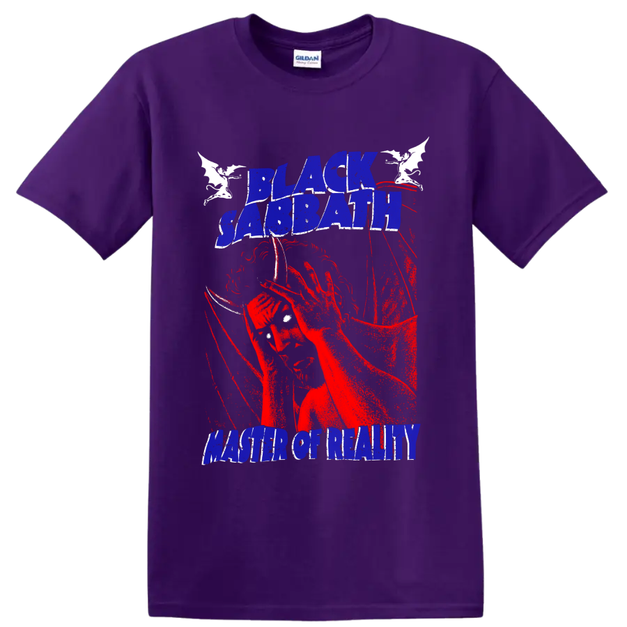 Black Sabbath Master of Reality distressed lettering with red guitarist and bats on a Purple T Shirt