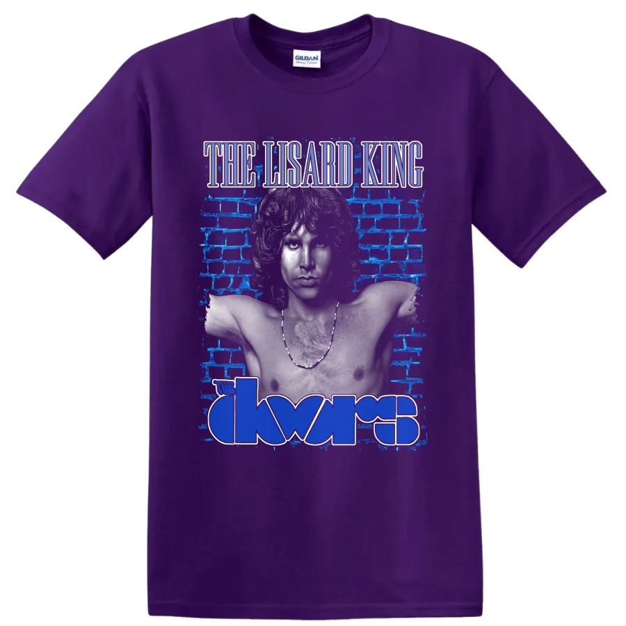 Jim Morrison The Lizard King portrait with The Doors logo and blue brick wall on a Purple T Shirt