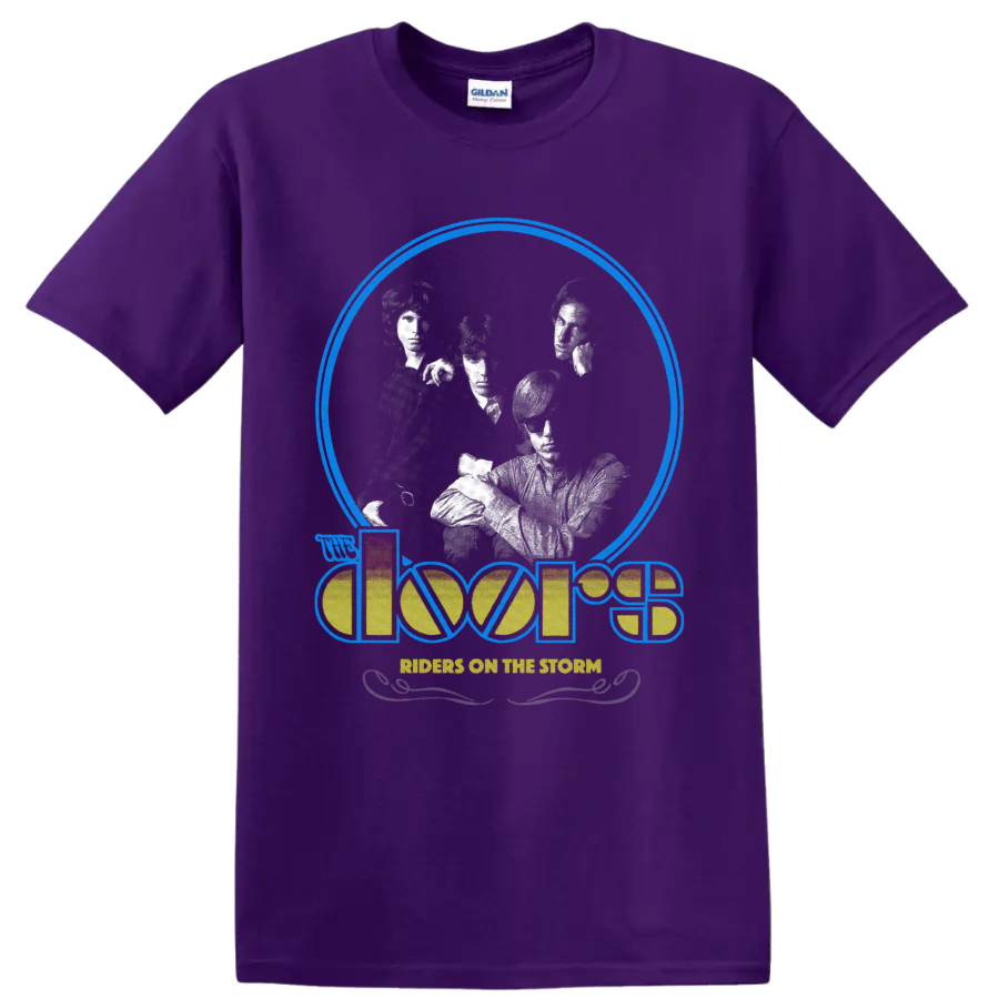 The Doors Riders on the Storm retro graphic with grayscale band portraits and logo on a Purple T Shirt