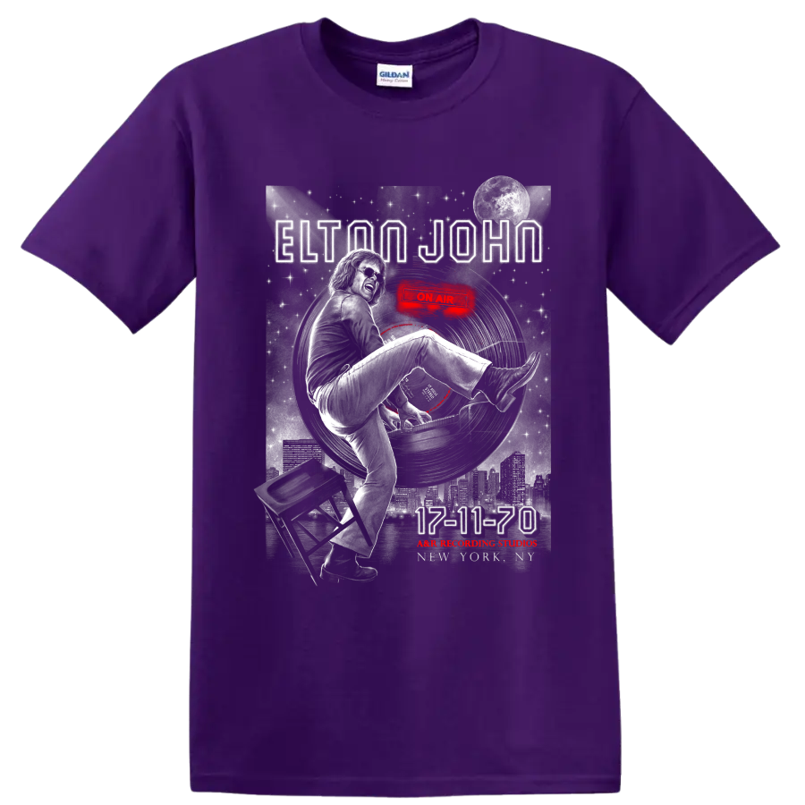 Elton John 17-11-70 vintage poster graphic with piano, moon, skyline, and red accents on a Purple T Shirt