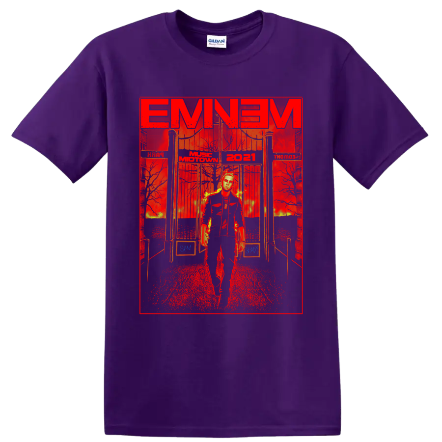 Eminem in a dramatic red and gold Music Midtown 2021 festival performance graphic on a Purple T Shirt