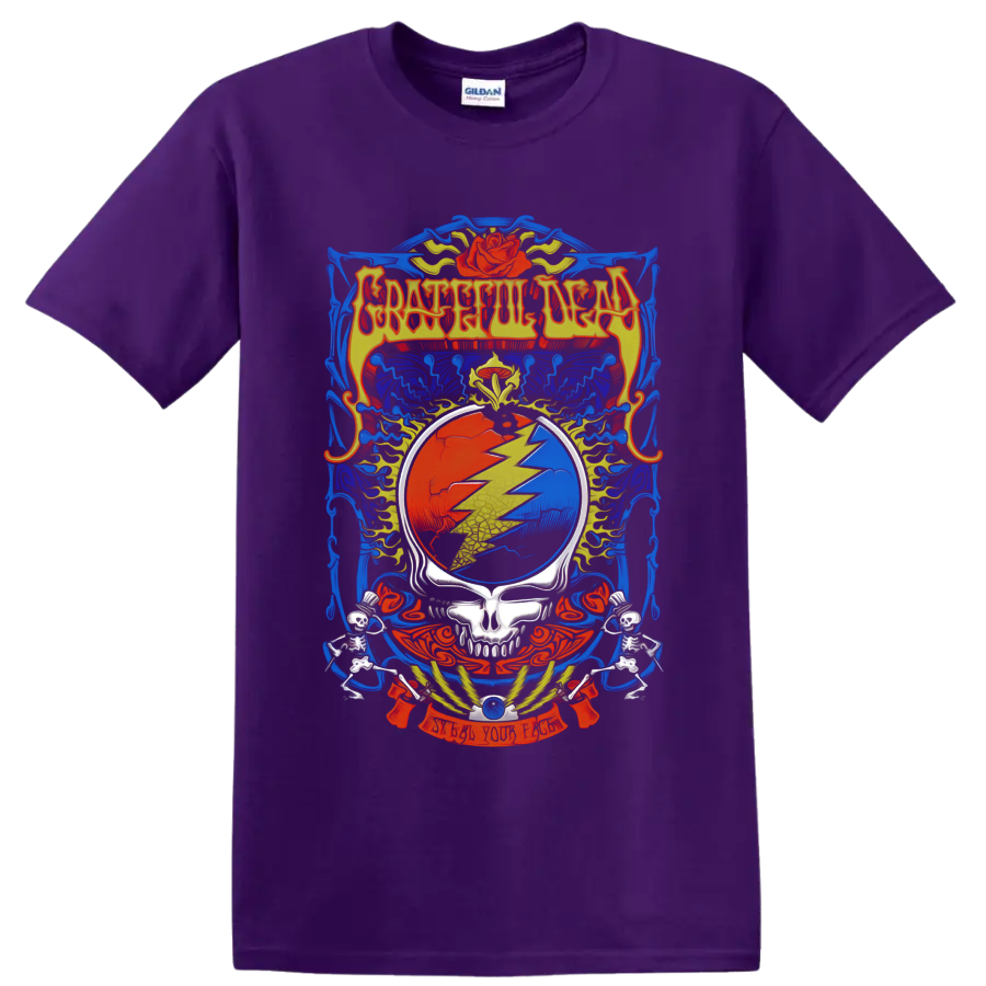 Grateful Dead Steal Your Face skull lightning bolt with roses, wings, and skeletons on a Purple T Shirt
