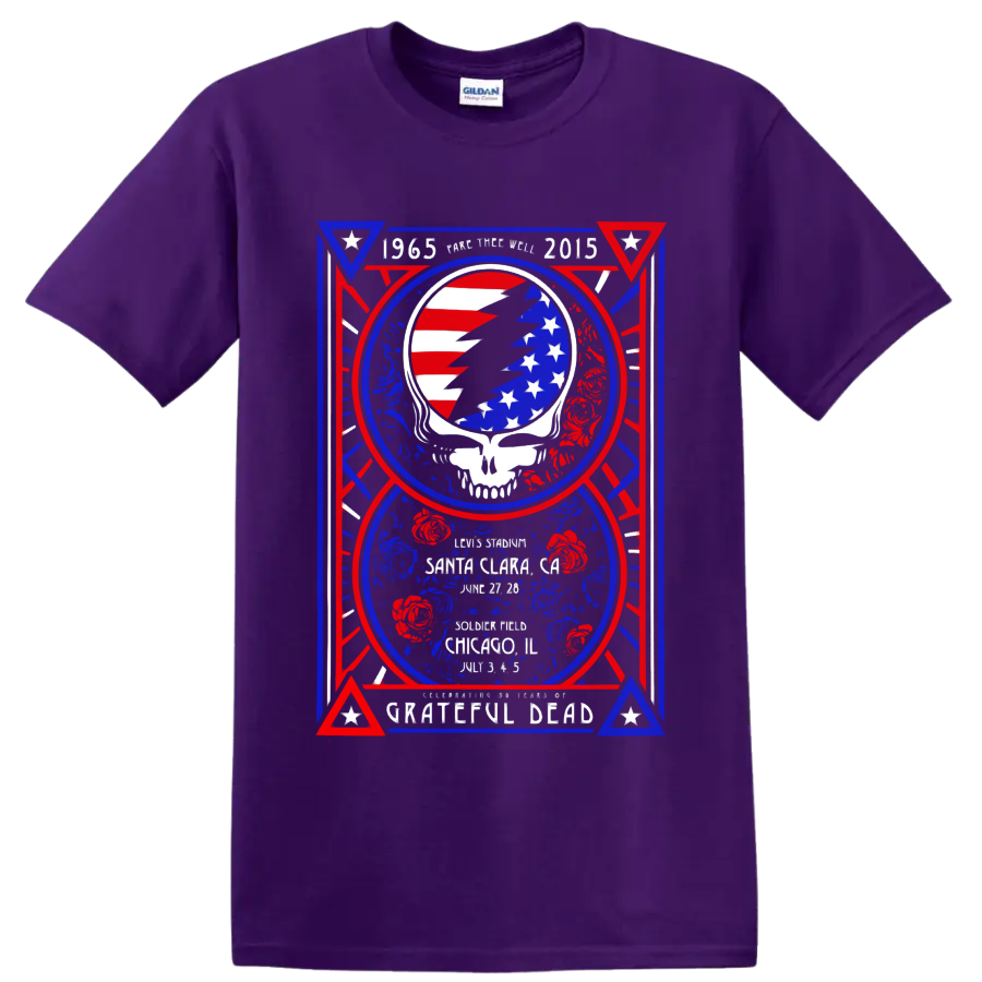 Grateful Dead Fare Thee Well poster with American flag lightning skull and roses on a Purple T Shirt