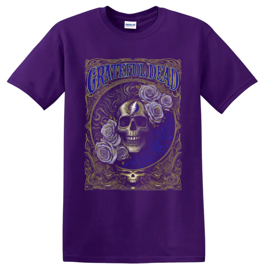 Grateful Dead psychedelic skull and roses poster art with lightning bolt symbol on a Purple T Shirt