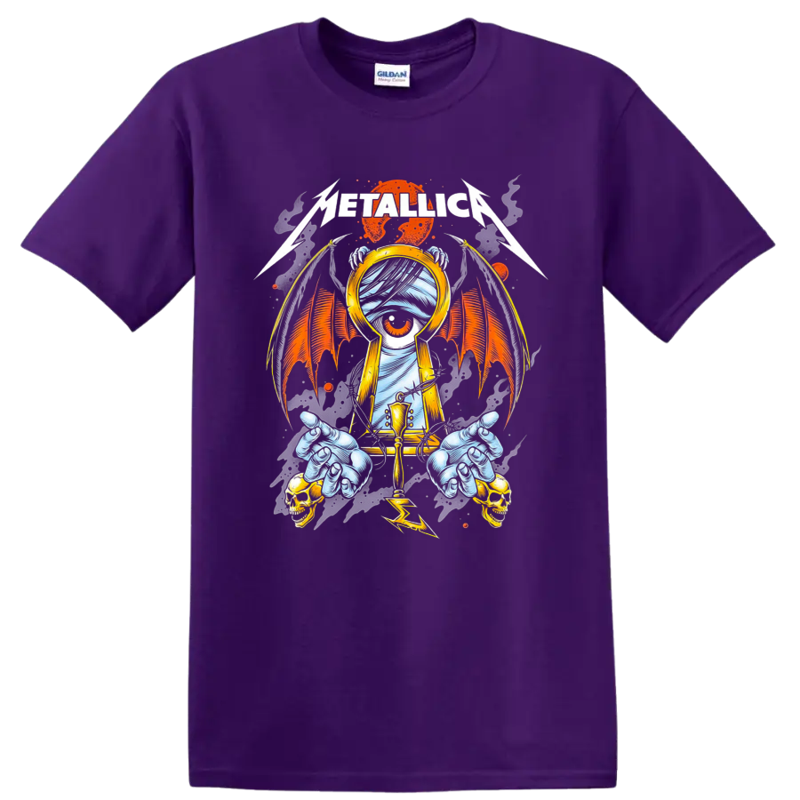 Metallica gothic keyhole eye artwork with bat wings, skulls, claws, and lightning on a Purple T Shirt