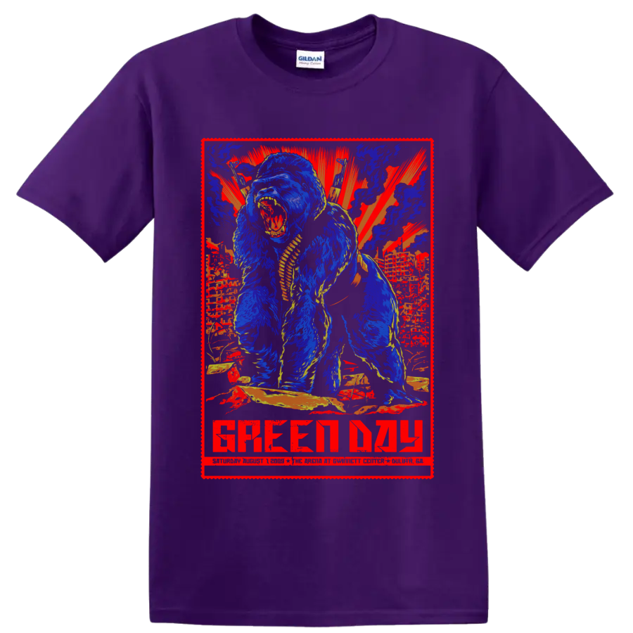 Green Day Duluth 2009 concert-poster graphic with roaring gorilla and sunburst on a Purple T Shirt