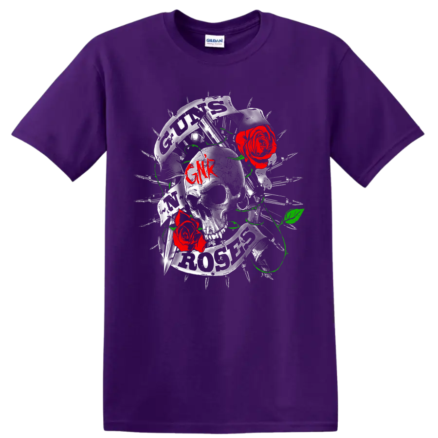 Guns N' Roses skull graphic with red roses, barbed wire, green vines, and GNR lettering on a Purple T Shirt