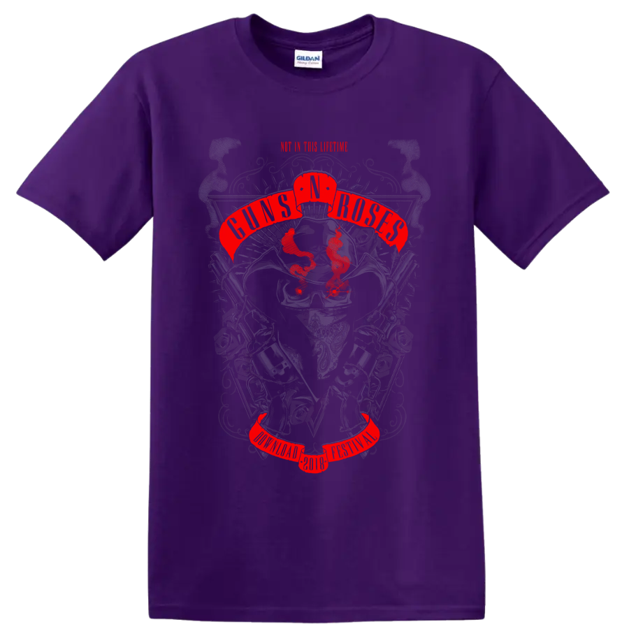 Guns N' Roses tribute poster graphic with skull, roses, pistols, and red banners on a Purple T Shirt