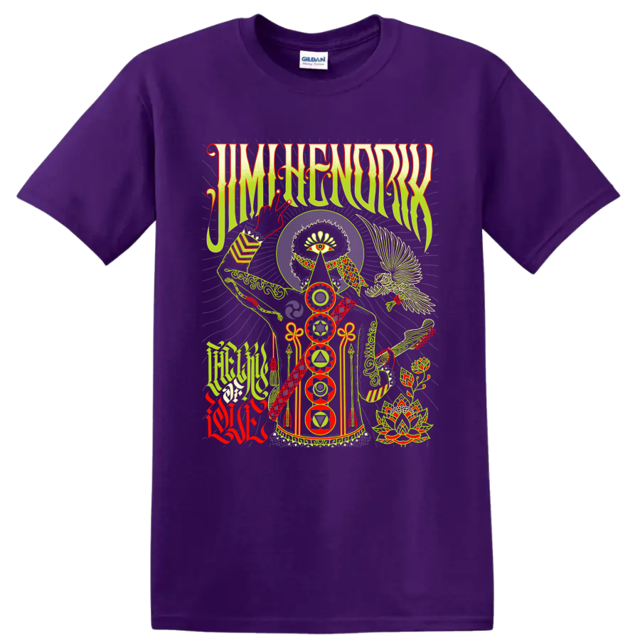 Jimi Hendrix The Cry of Love psychedelic graphic with eye, guitar, bird, and chakra on a Purple T Shirt