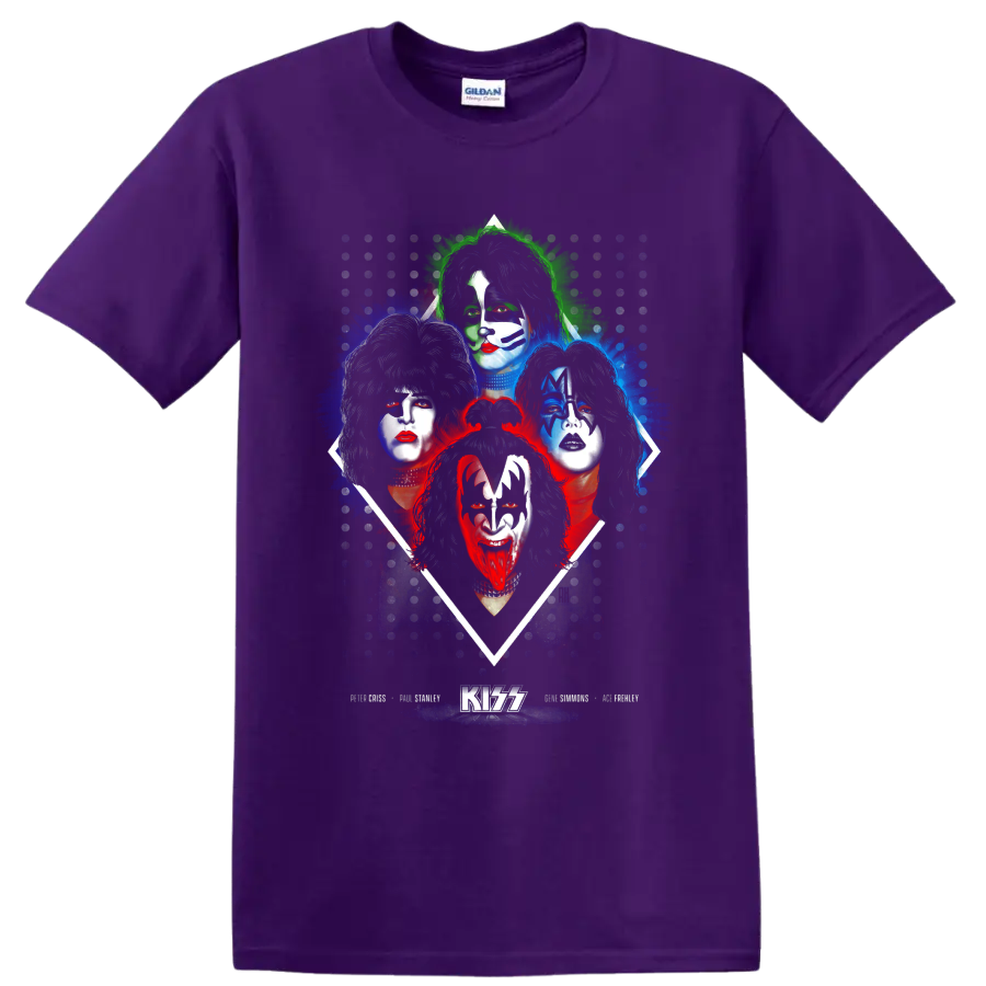 KISS original lineup portraits in face paint with colorful splatter and KISS logo on a Purple T Shirt