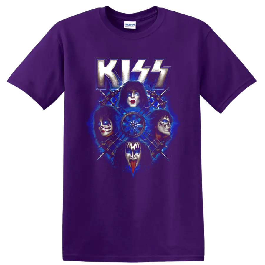 KISS Rock and Roll Over blue collage with four stage-painted faces and radial emblem on a Purple T Shirt