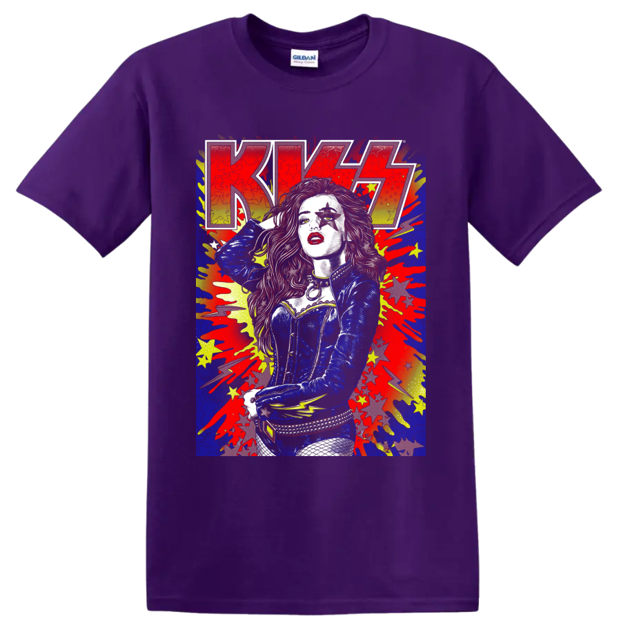 KISS concert poster-style graphic with star-painted performer, splatters, stars, and on a Purple T Shirt