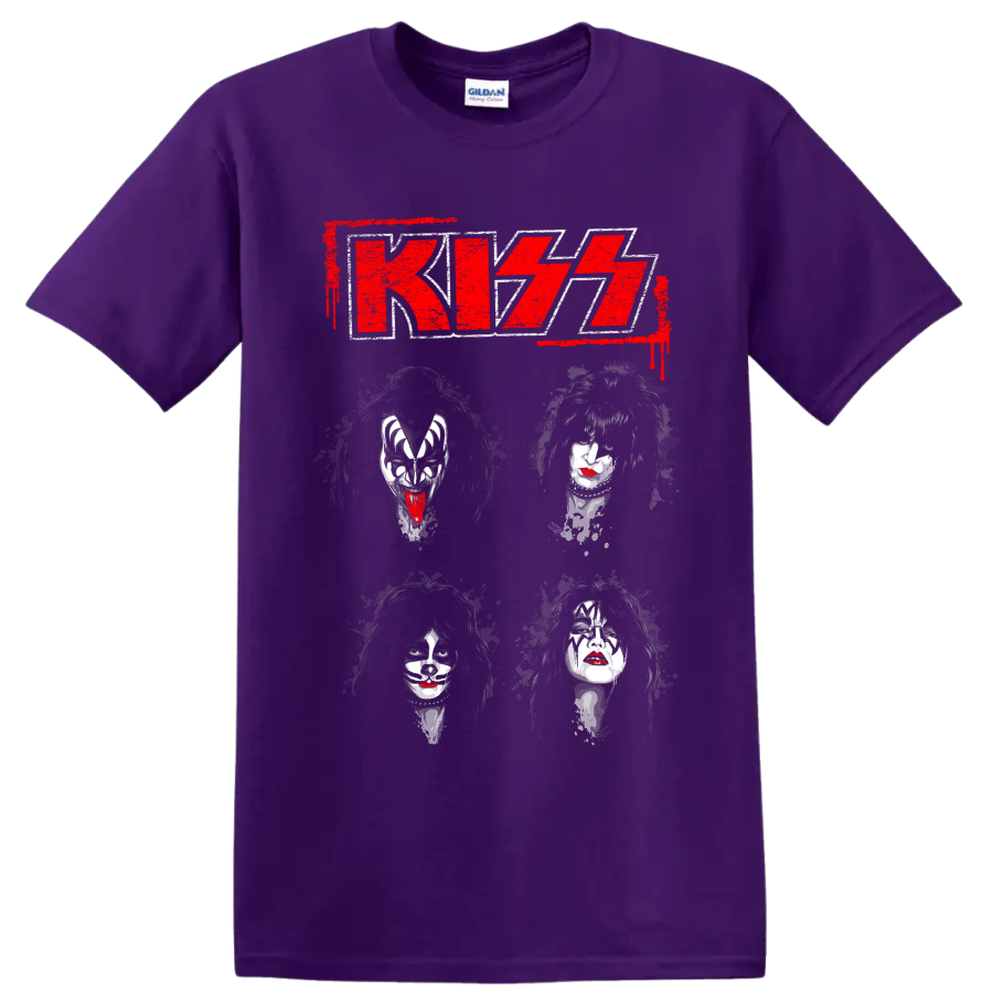 KISS logo with distressed portraits of the four original members on a Purple T Shirt