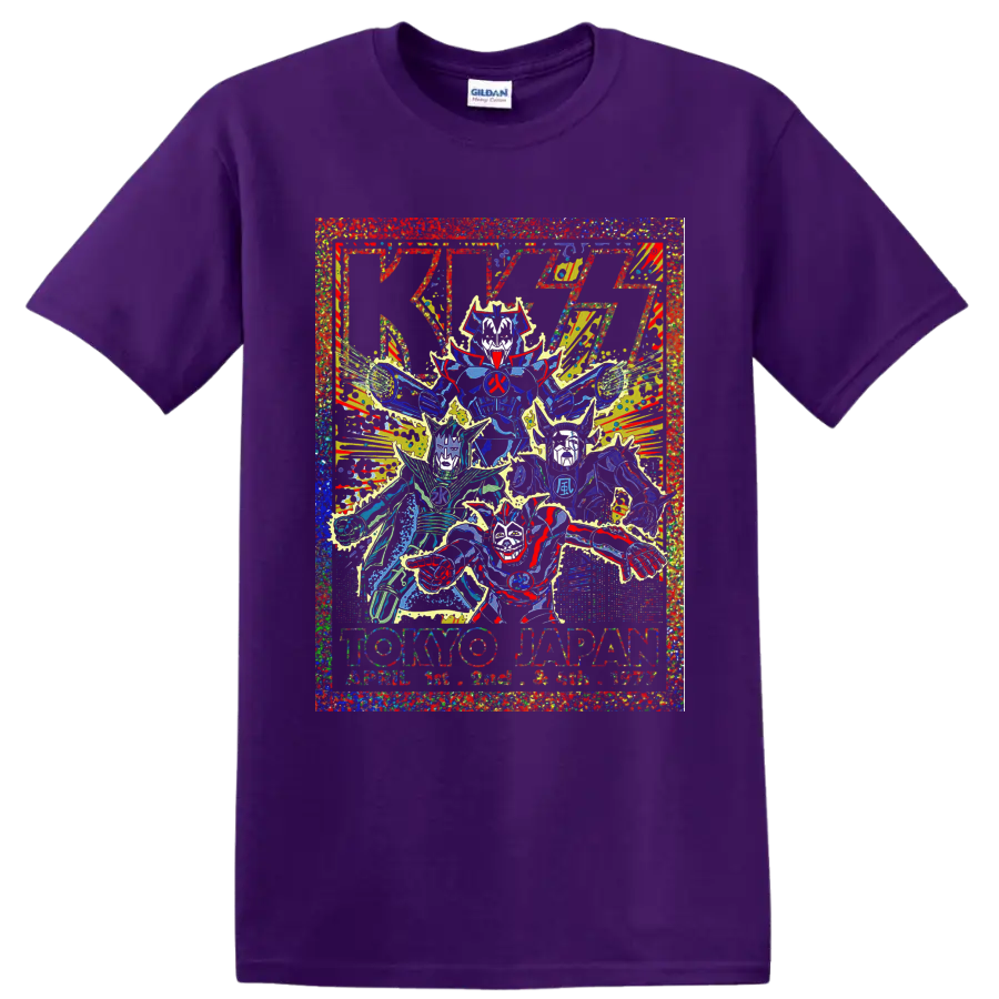 KISS Tokyo Japan concert poster graphic with stylized band figures and lightning on a Purple T Shirt