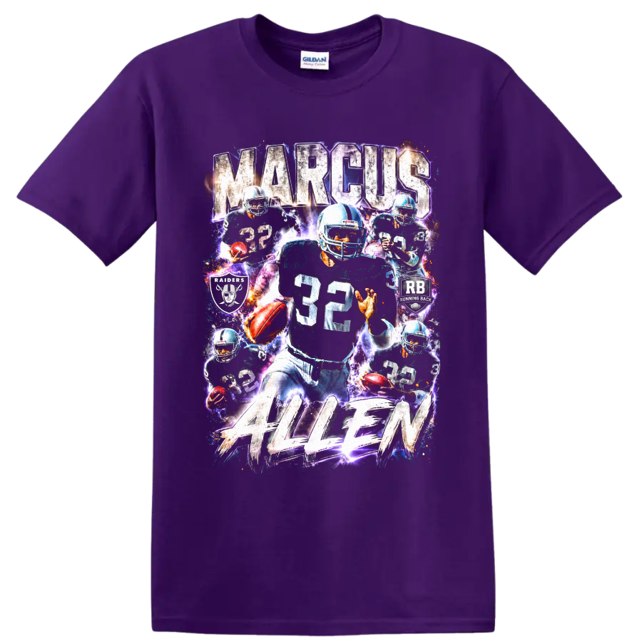 Marcus Allen Los Angeles Raiders number 32 running back electric collage graphic on a Purple T Shirt