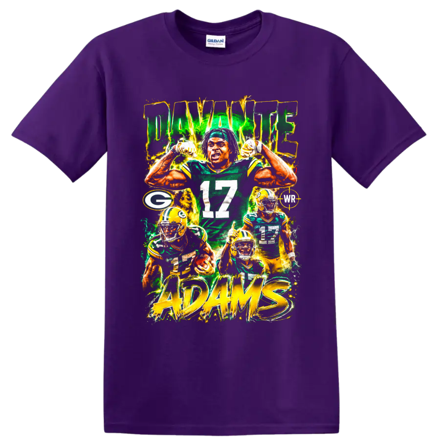 Davante Adams Packers number 17 football collage with electric green and gold ADAMS text on a Purple T Shirt