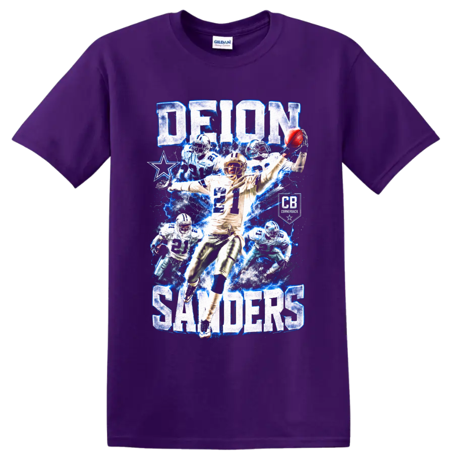 Deion Sanders Dallas Cowboys number 21 cornerback collage with blue lightning and star on a Purple T Shirt