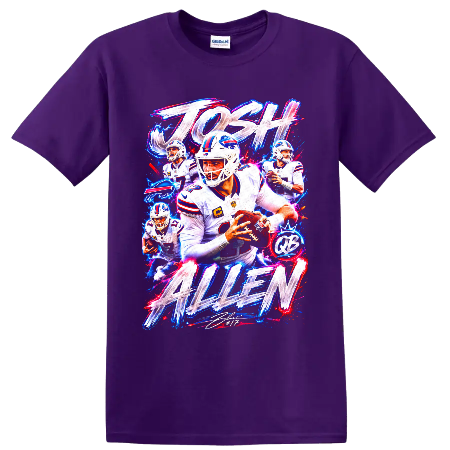 Josh Allen Buffalo Bills quarterback neon action collage with JOSH ALLEN lettering on a Purple T Shirt