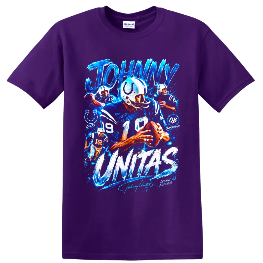 Johnny Unitas Baltimore Colts number 19 quarterback collage with electric blue lettering on a Purple T Shirt