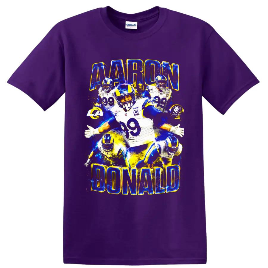 Aaron Donald Los Angeles Rams number 99 football collage with electric lettering on a Purple T Shirt