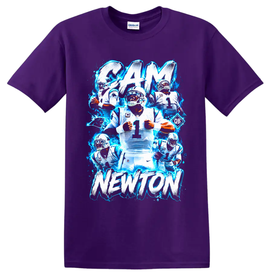 Cam Newton Panthers football collage with electric blue effects and CAM NEWTON text on a Purple T Shirt