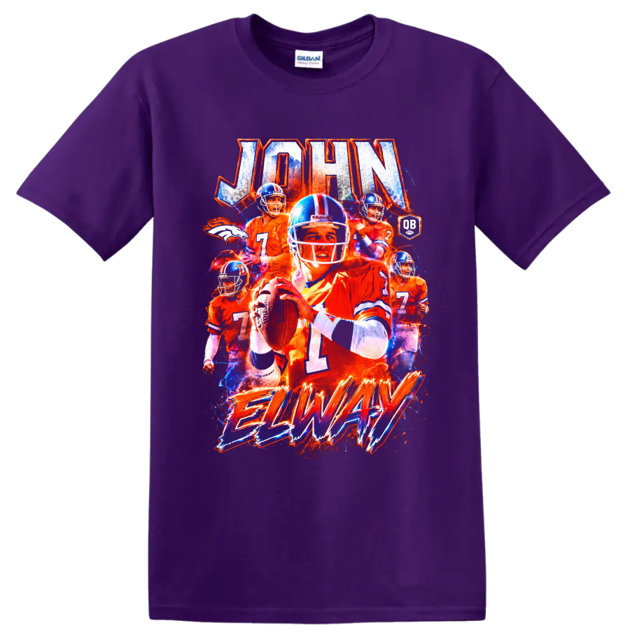John Elway Denver Broncos quarterback collage with distressed JOHN and ELWAY lettering on a Purple T Shirt