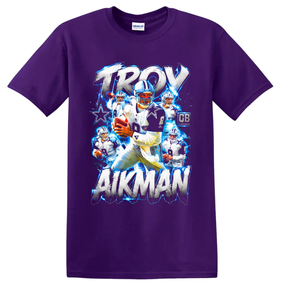 Troy Aikman Dallas Cowboys number 8 football collage with distressed lettering and stars on a Purple T Shirt