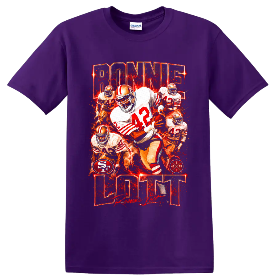 Ronnie Lott 49ers number 42 football collage with fiery red vintage graphic style on a Purple T Shirt