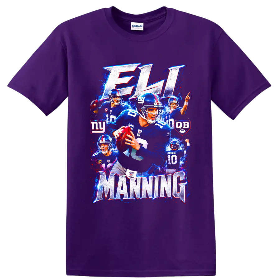 Eli Manning New York Giants quarterback collage with ELI and MANNING lettering on a Purple T Shirt
