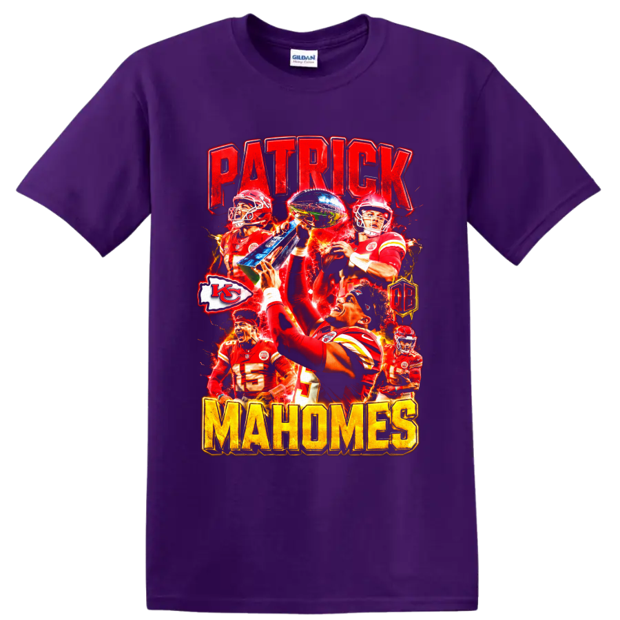 Patrick Mahomes Chiefs trophy football collage with PATRICK and MAHOMES lettering on a Purple T Shirt