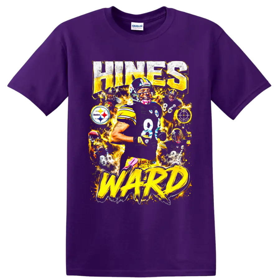 Hines Ward Steelers No. 86 action collage with gold lightning and bold Hines Ward on a Purple T Shirt