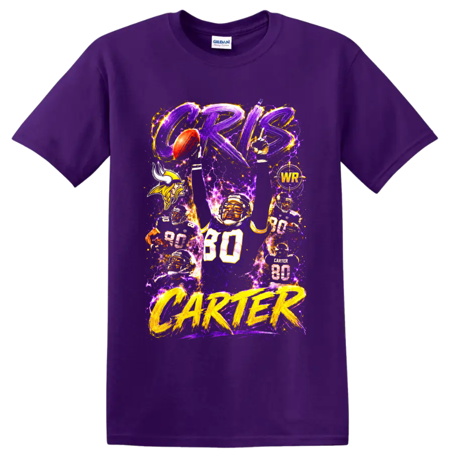Cris Carter Vikings number 80 football collage with purple lightning and gold lettering on a Purple T Shirt