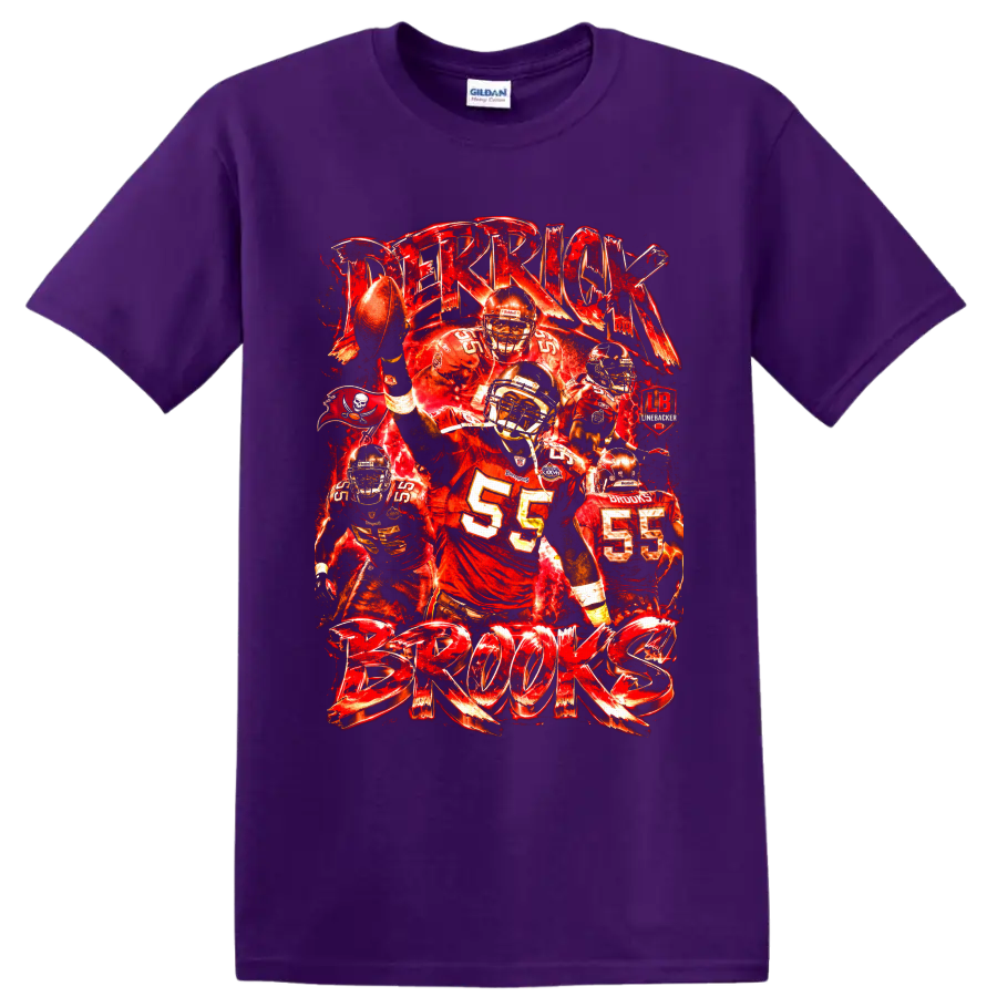 Derrick Brooks number 55 Tampa Bay Buccaneers linebacker collage with bold Brooks on a Purple T Shirt