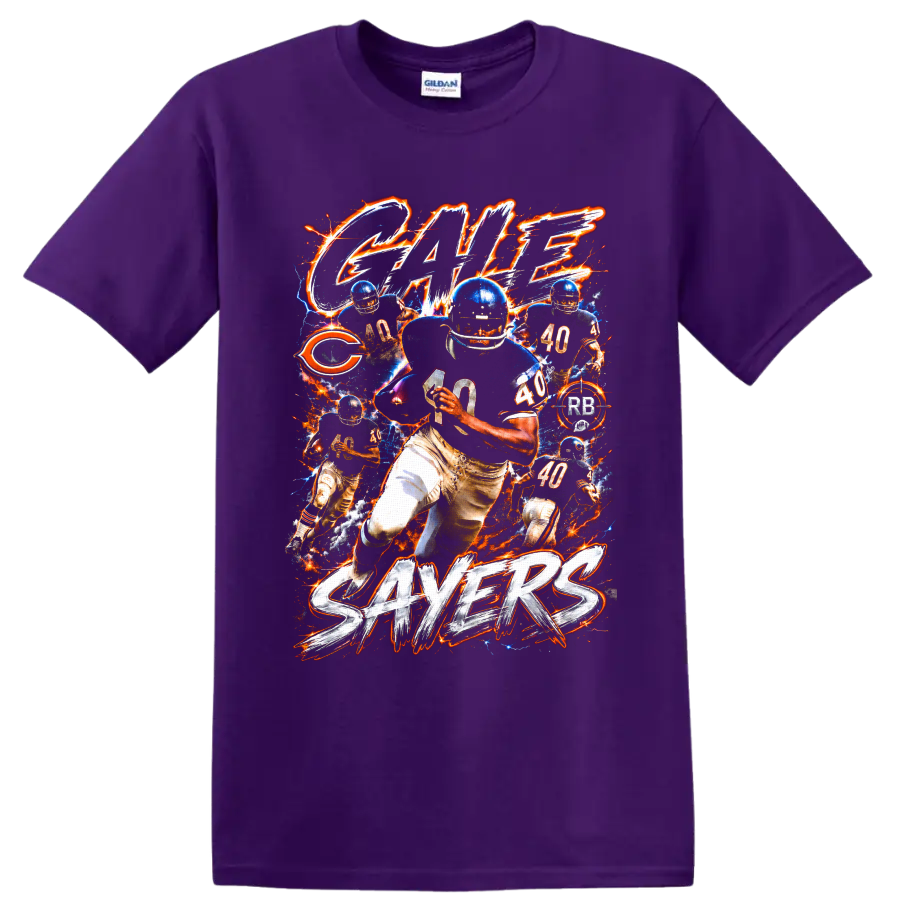 Gale Sayers Chicago Bears No. 40 football action collage with electric fiery effects on a Purple T Shirt