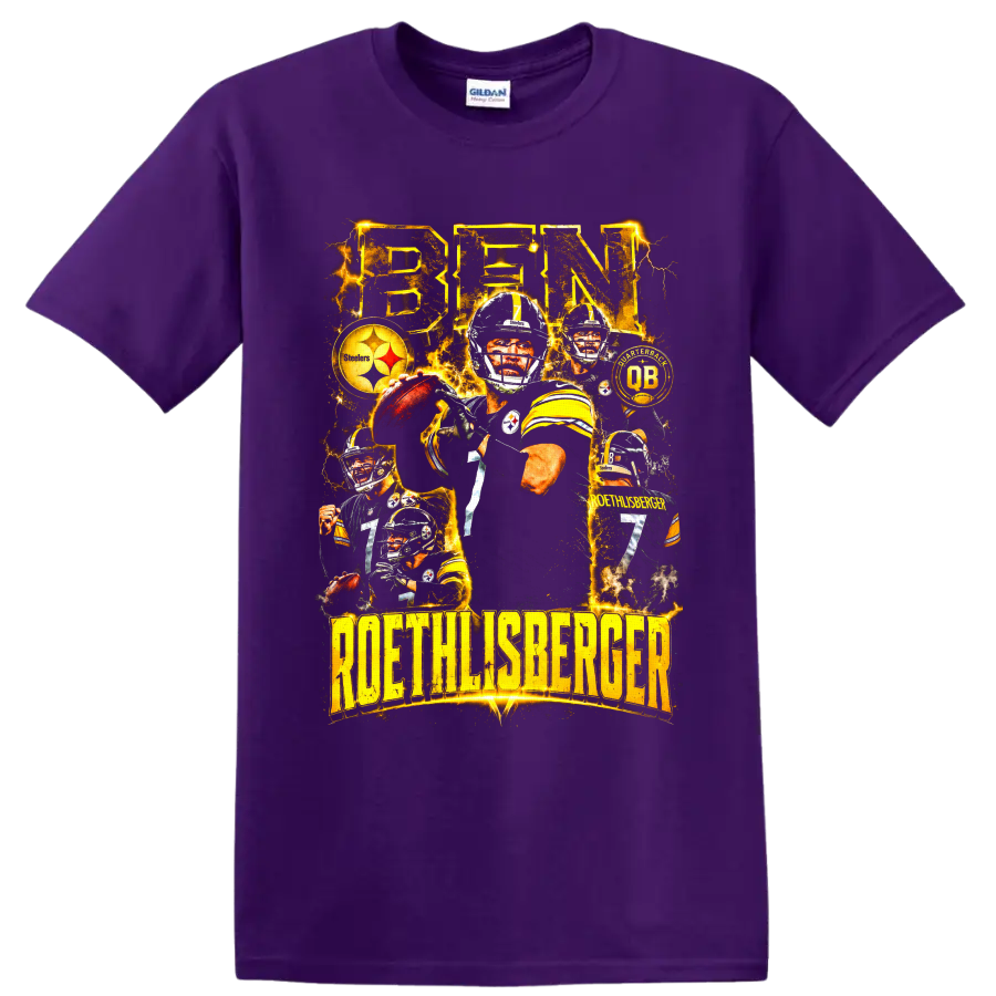 Ben Roethlisberger Pittsburgh Steelers number 7 lightning football collage on a Purple T Shirt
