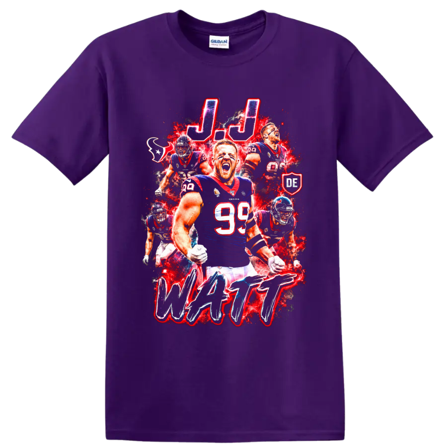 J.J. Watt Houston Texans number 99 football action collage with J.J. and WATT text on a Purple T Shirt
